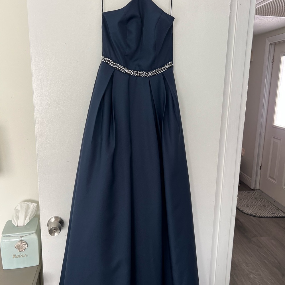 Strapless Navy Evening Gown with Jeweled Waist